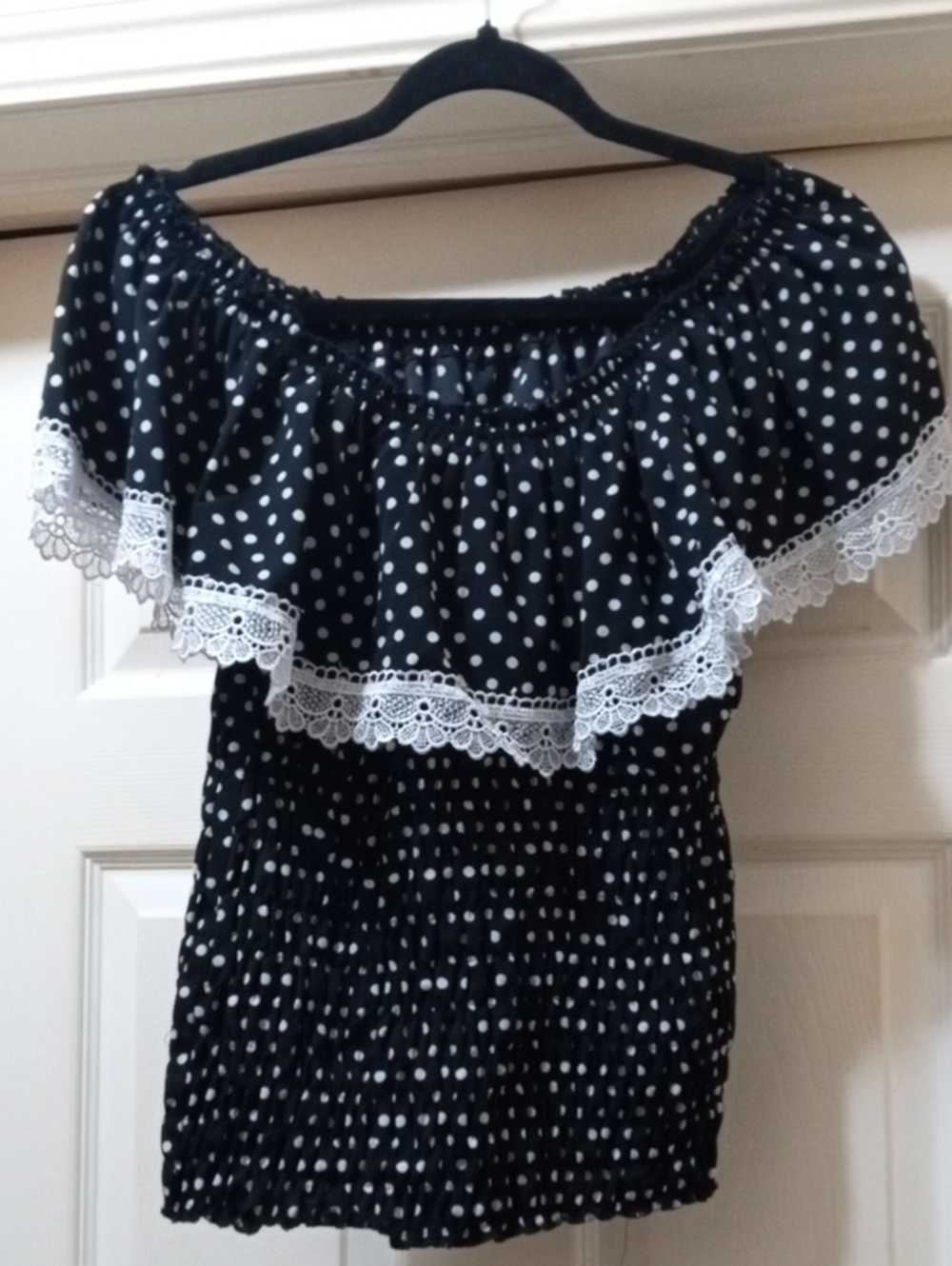Black Polka Dot Off-Shoulder Top with White Lace Trim
